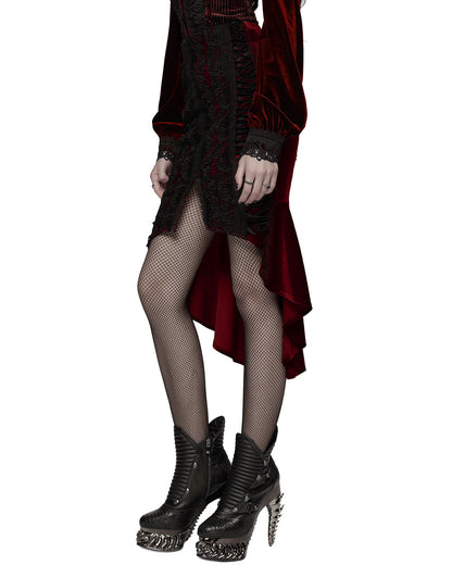 WQ-876BQF Womens Baroque Gothic Rose Embroidered Velvet Fishtail Skirt - Red & Black