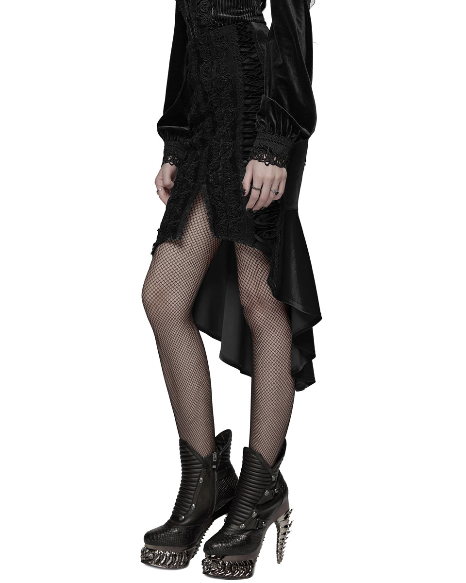 WQ-876BQF Womens Baroque Gothic Rose Embroidered Velvet Fishtail Skirt - Black