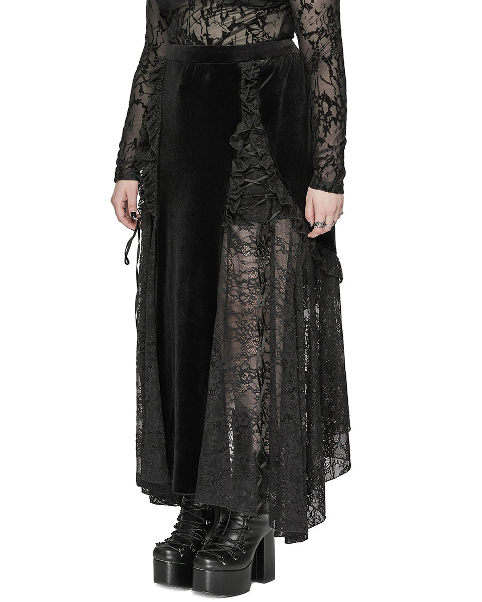 DQ-728BQF Plus Size Womens Long Gothic Velvet & Lace Ruffle Maxi Skirt