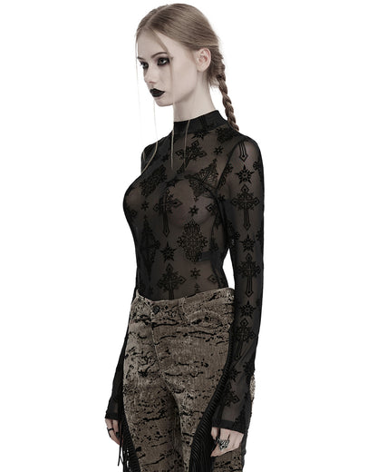 OT-990DQF-BKF Womens Gothic Flocked Mesh Crucifix Top