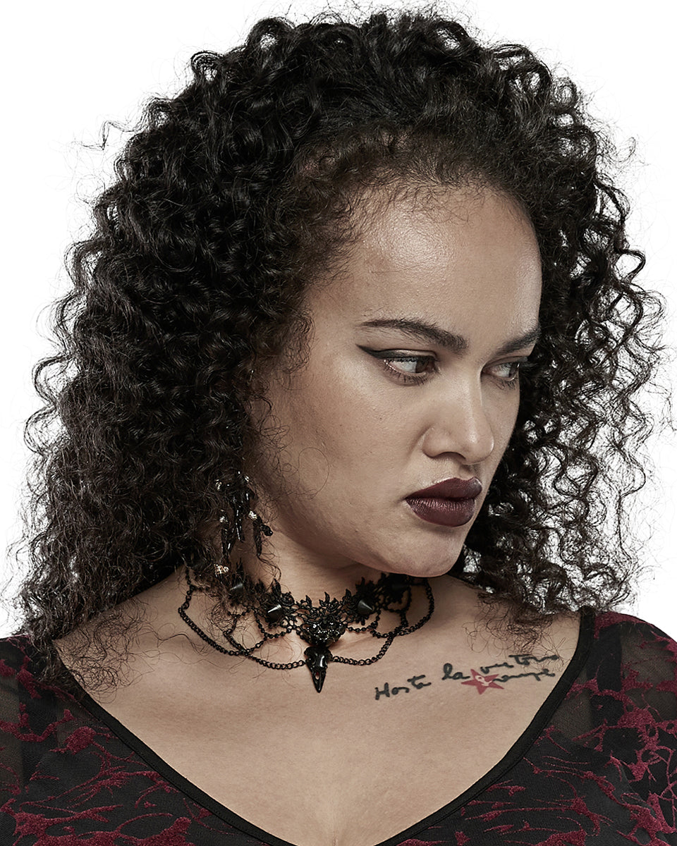DS508-BKF Gothic Bird Skull Choker Necklace Collar Studded Black Lace Chain