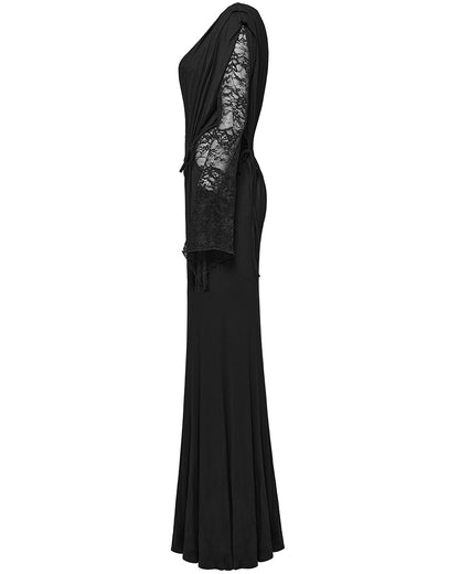 WQ-759LQF Womens Long Gothic Lace Sleeves Ruched Maxi Dress