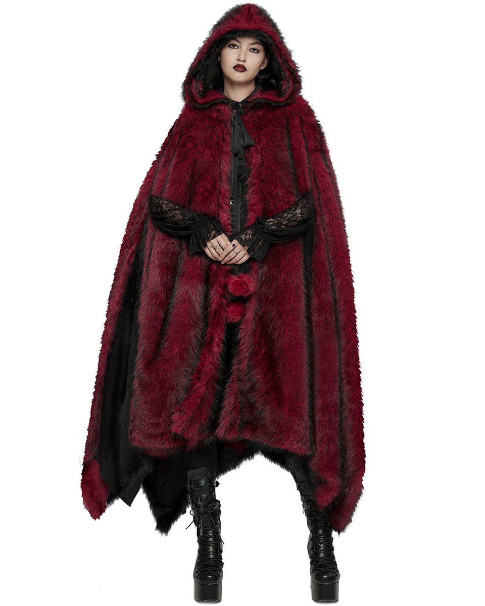 WY-1663DPF Womens Long Gothic Faux Fur Asymmetric Hooded Winter Cloak - Red