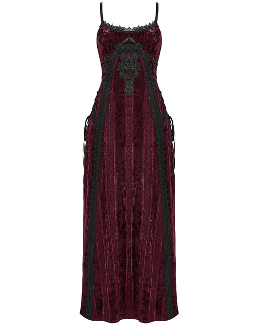 OQ-856LQF Daily Life Womens Long Gothic Crushed Velvet Applique Maxi Dress - Red