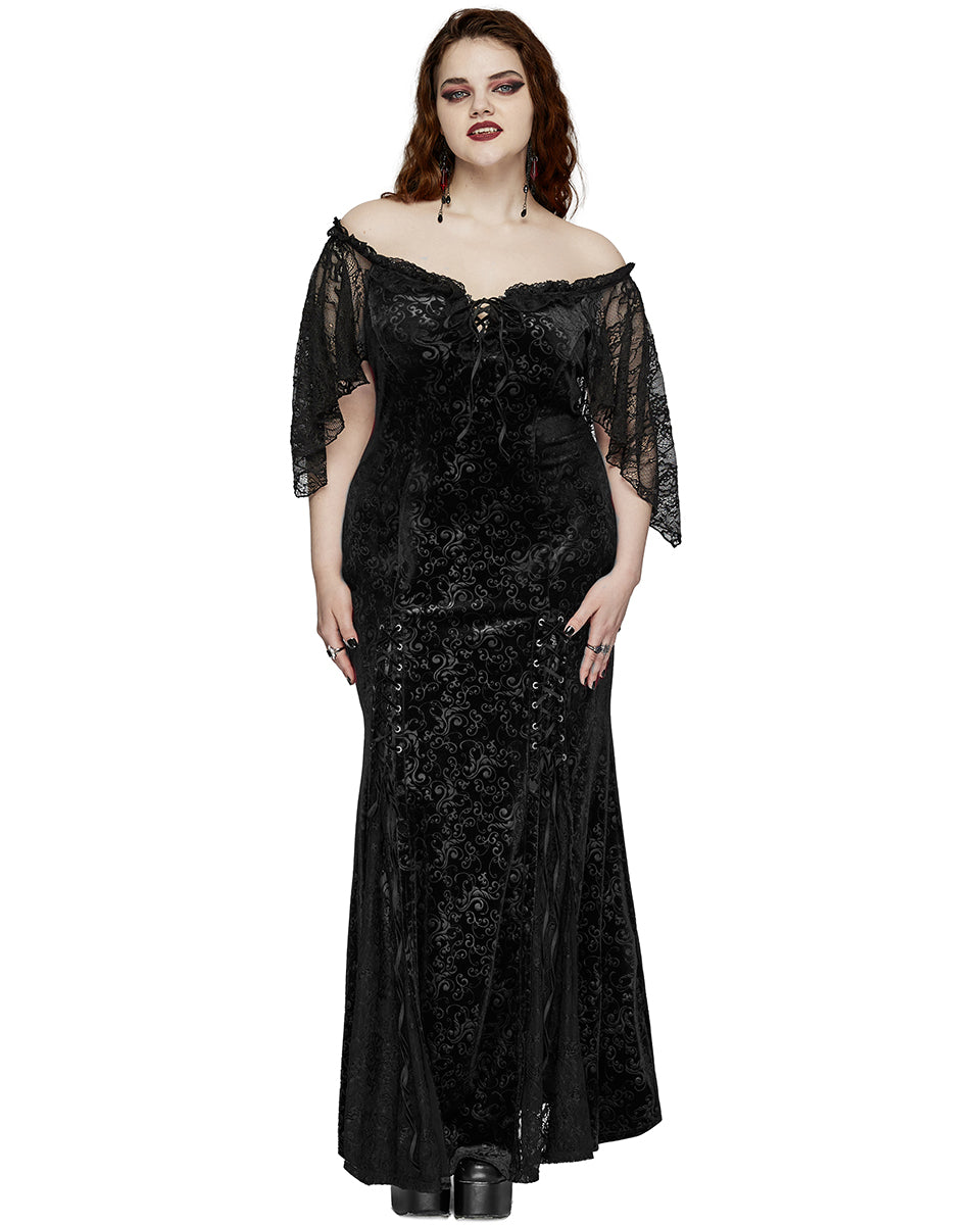 DQ-730LQF Plus Size Womens Gothic Embossed Velvet Off-Shoulder Maxi Dress - Black