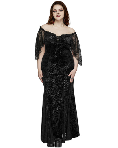 DQ-730LQF Plus Size Womens Gothic Embossed Velvet Off-Shoulder Maxi Dress - Black