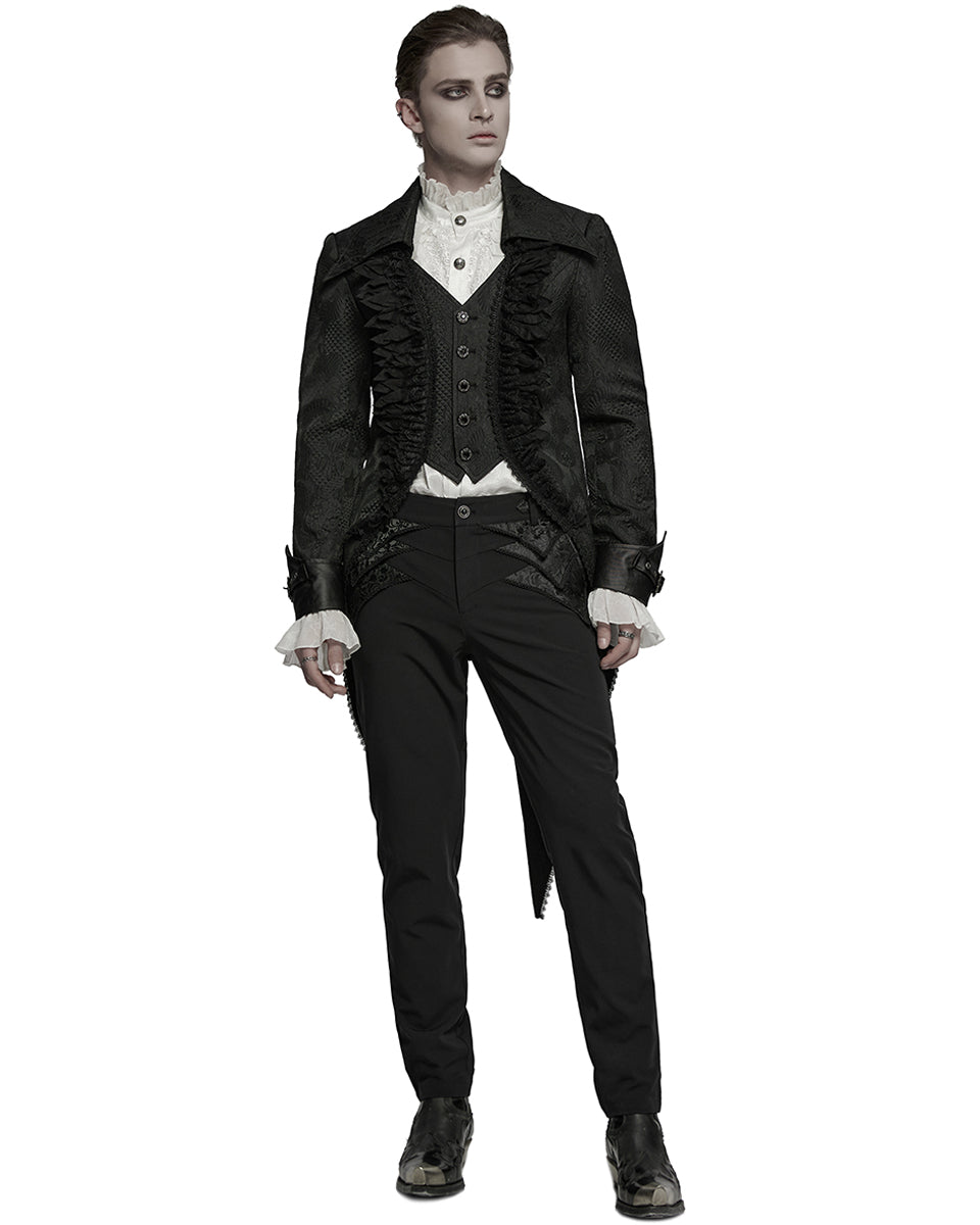 WY-1773XCM-BKM Mens Gothic Steampunk Embellished Jacquard Tail Coat Jacket