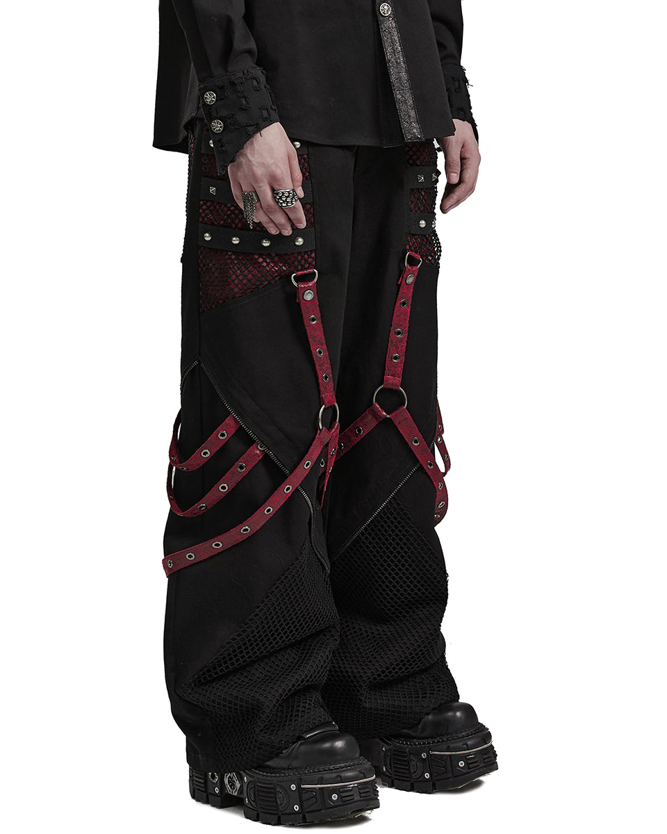 PR-WK-602XCM-BKRDM Mens Gothic Punk Wide Leg Mesh Panelled Pants - Black & Red