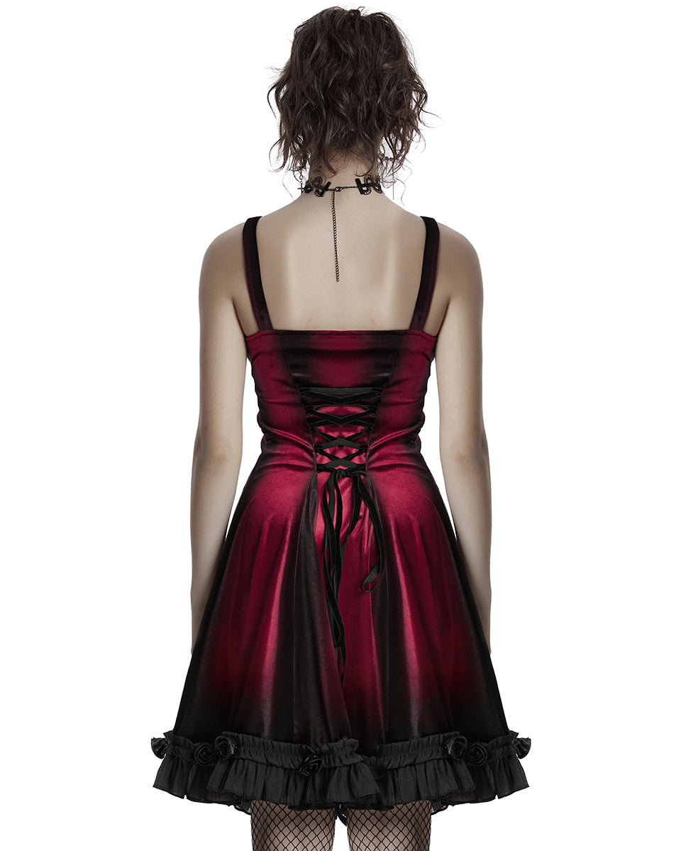 OQ-780DQF-RDF Daily Life Gothic Gradient Velvet Mini Dress - Red & Black