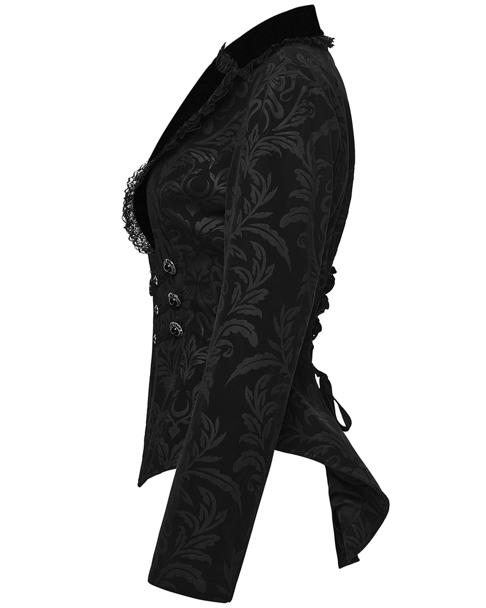 WY-1833LDF Womens Gothic Aristocrat Damask Velvet Frock Coat Jacket - Black
