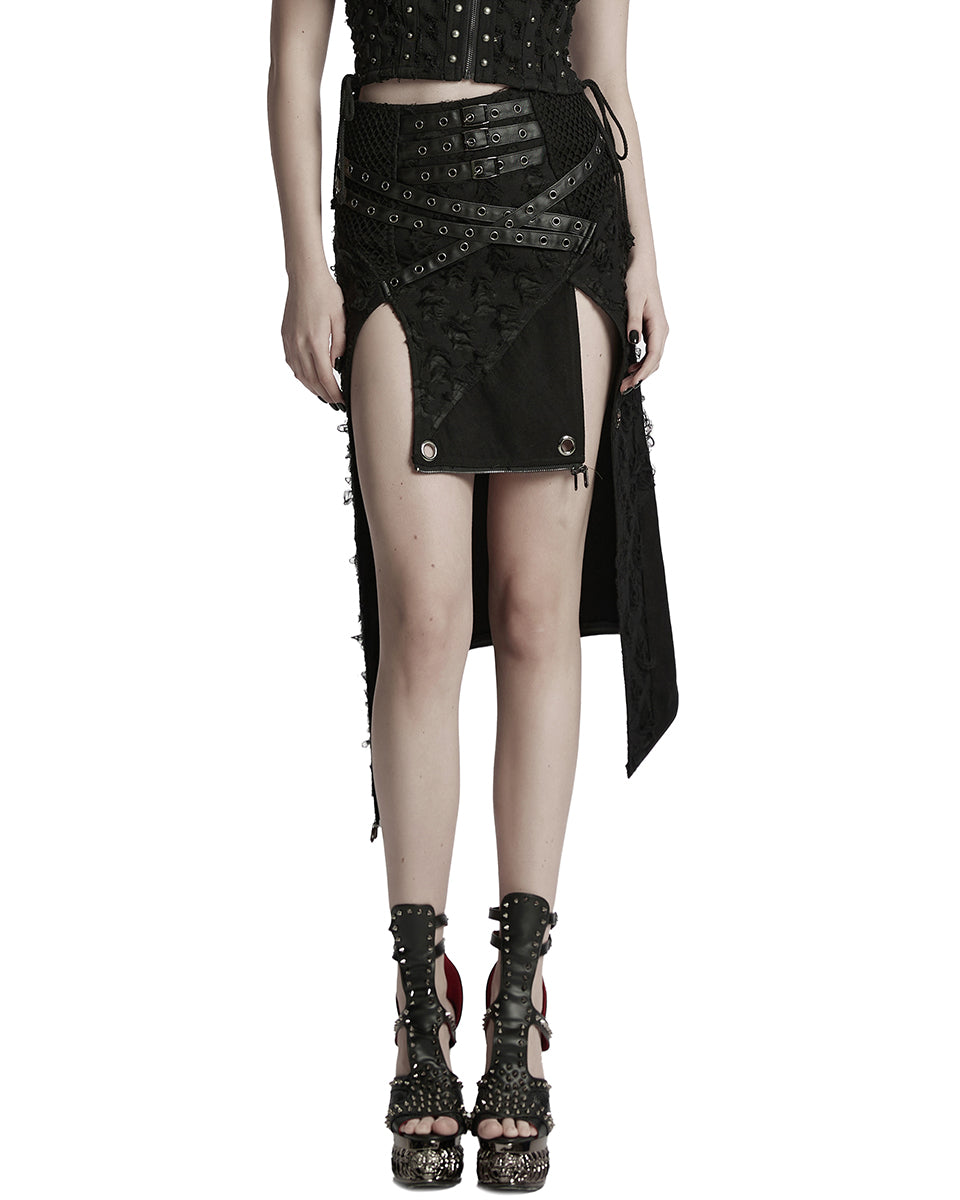 WQ-847BQF-BKF Womens Apocalyptic Punk Spliced Broken Knit Detachable Skirt