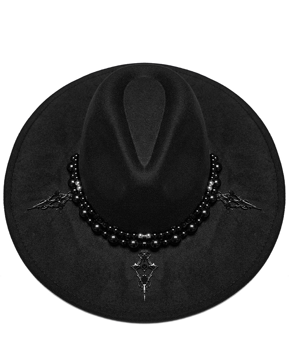 OS-759MZ Daily Life Womens Gothic Beaded Wide Brim Fedora Hat - Black