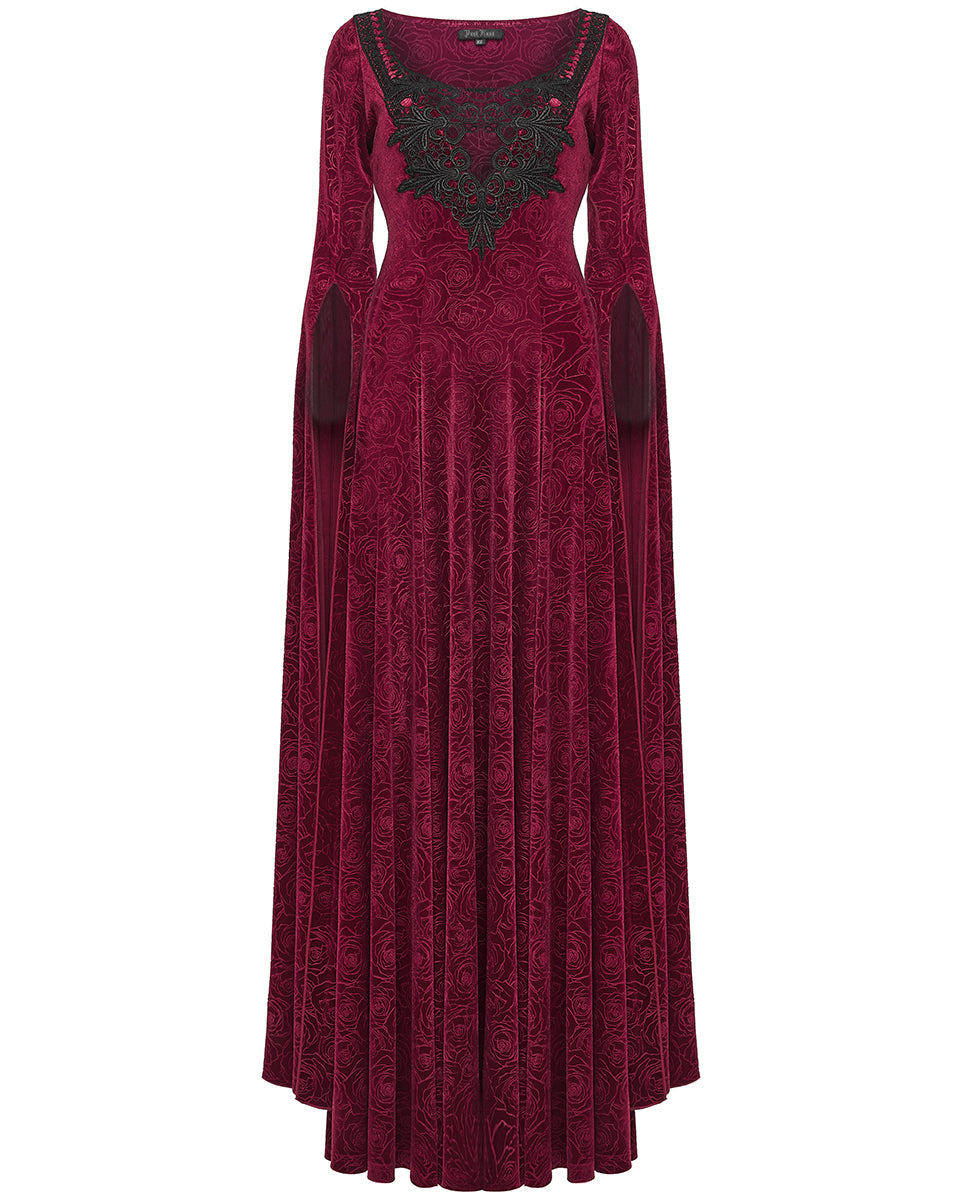 WQ-896LQF Womens Long Gothic Rose Velvet Flared Split Sleeve Maxi Dress - Red
