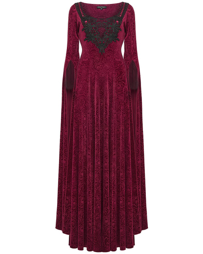 WQ-896LQF Womens Long Gothic Rose Velvet Flared Split Sleeve Maxi Dress - Red