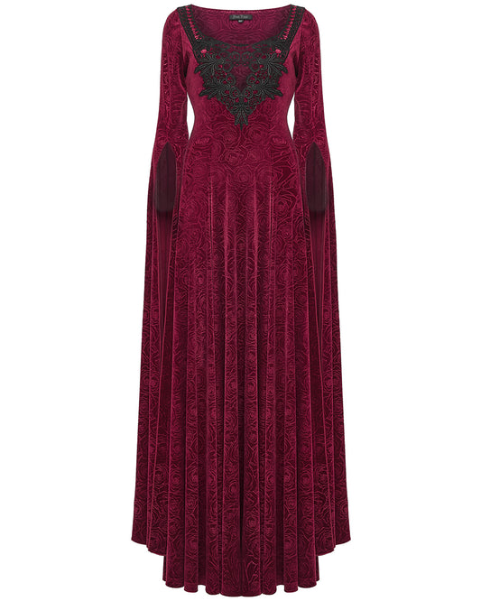 WQ-896LQF Womens Long Gothic Rose Velvet Flared Split Sleeve Maxi Dress - Red