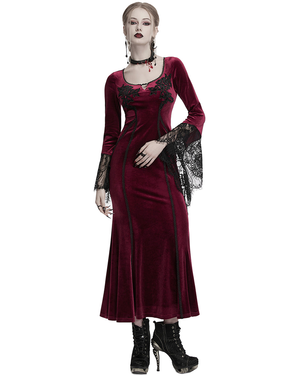 OQ-850LQF Daily Life Womens Long Gothic Velvet Applique Maxi Dress - Red