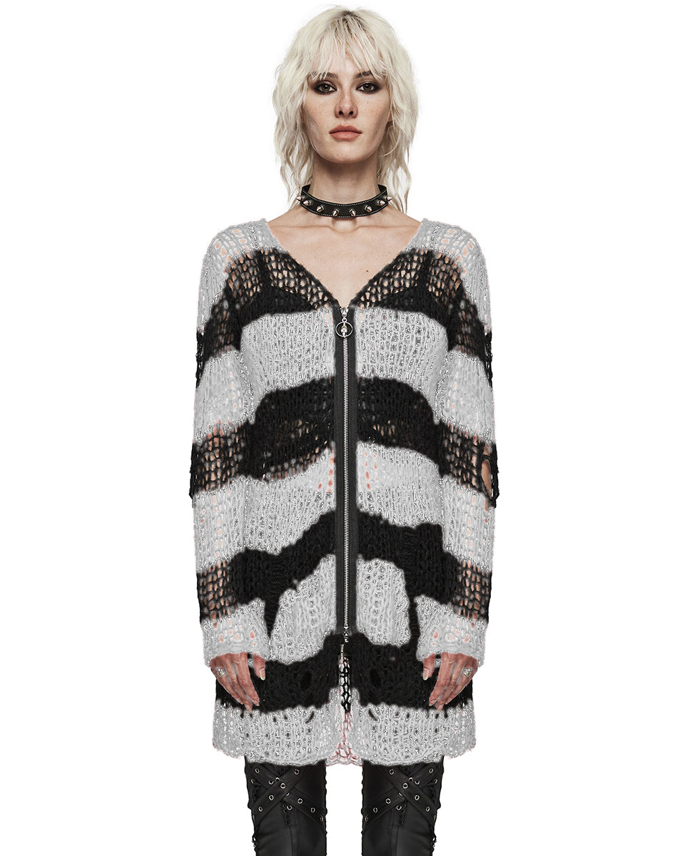 WM-077KMF-WHF Womens Gothic Punk Striped Shredded Cardigan Sweater - White & Black