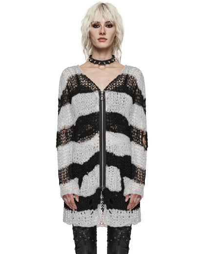 WM-077KMF-WHF Womens Gothic Punk Striped Shredded Cardigan Sweater - White & Black