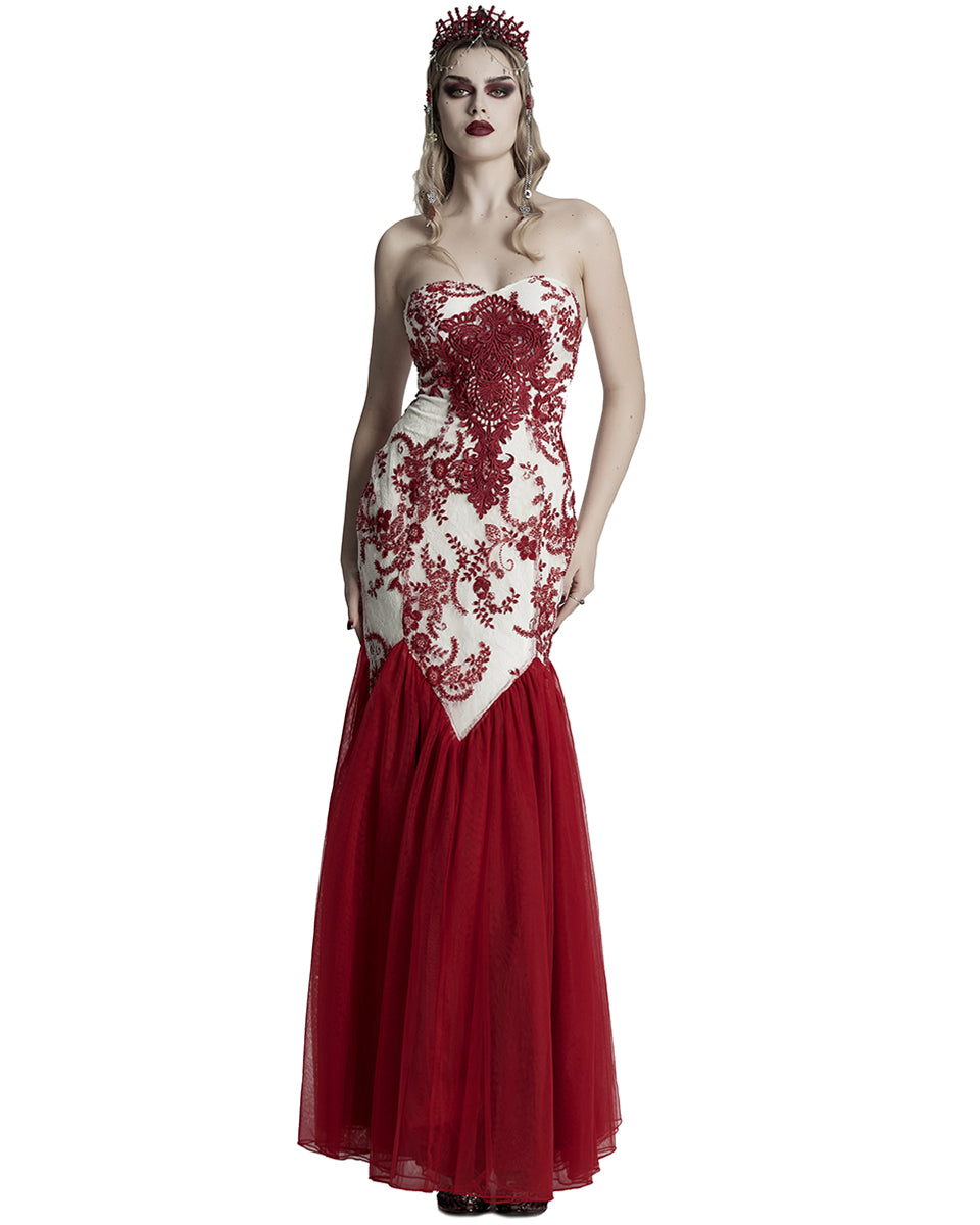 WQ-859DQF-WHRDF Womens Long Gothic Floral Sequined Wedding Prom Dress - White & Red