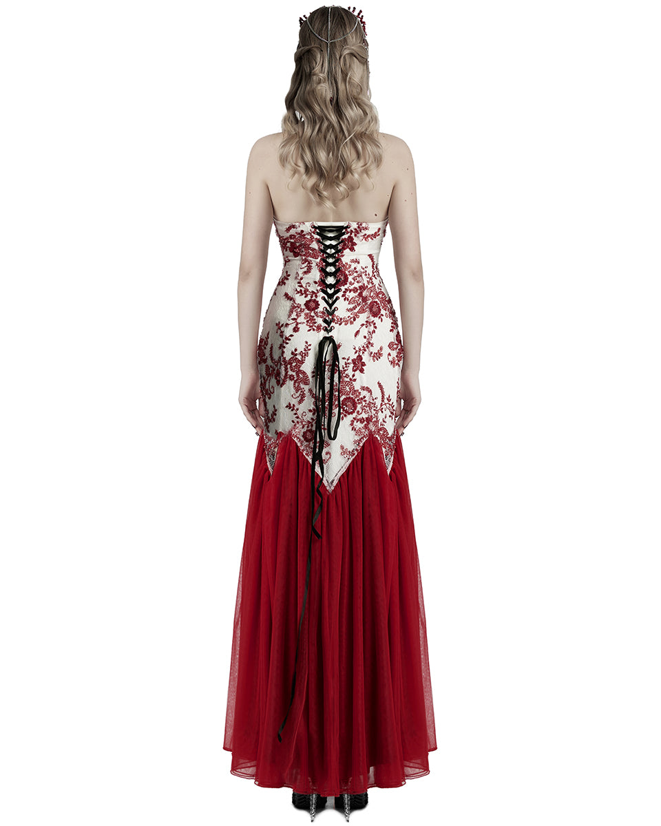 WQ-859DQF-WHRDF Womens Long Gothic Floral Sequined Wedding Prom Dress - White & Red