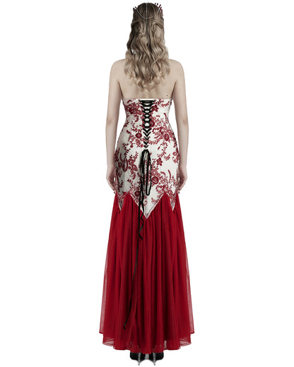 WQ-859DQF-WHRDF Womens Long Gothic Floral Sequined Wedding Prom Dress - White & Red