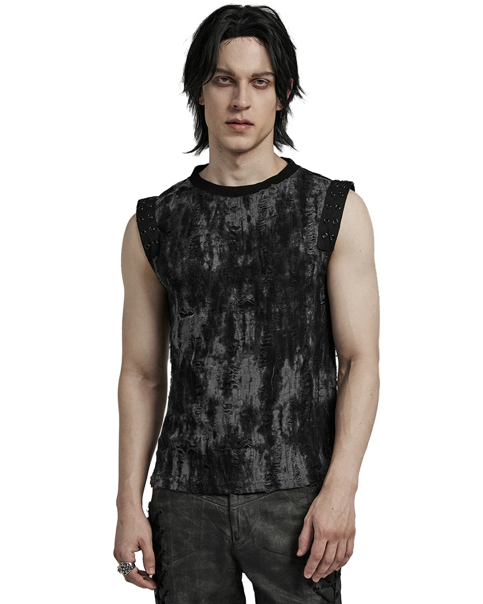 WT-887BXM-BKGYM Mens Apocalyptic Gothic Broken Knit Tank Top Vest - Distressed Grey & Black