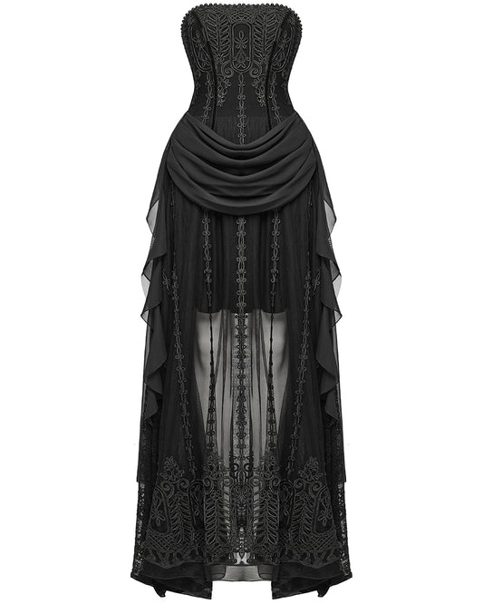 WQ-773LQF-BKF Womens Long Gothic Mesh Strapless Dress With Embroidered Lace