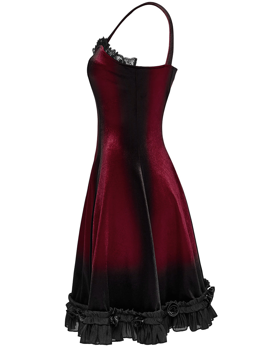 OQ-780DQF-RDF Daily Life Gothic Gradient Velvet Mini Dress - Red & Black