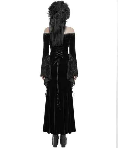 WQ-761LQF Womens Long Gothic Off Shoulder Maxi Dress With Devore Velvet Contrasts