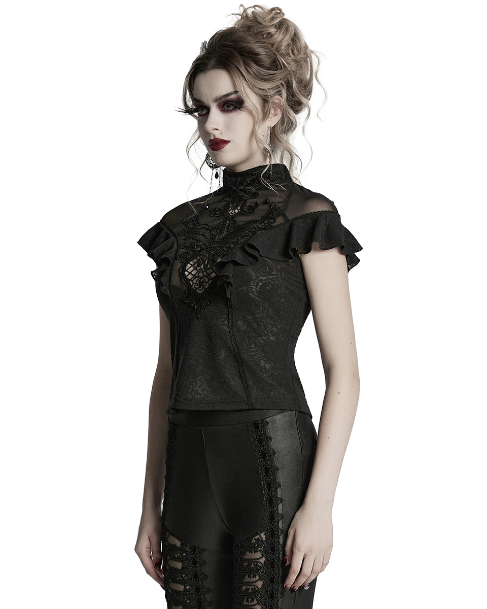 WT-1004TDF-BKF Womens Elegant Gothic Floral Lace Applique Blouse Top