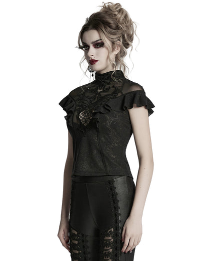 WT-1004TDF-BKF Womens Elegant Gothic Floral Lace Applique Blouse Top