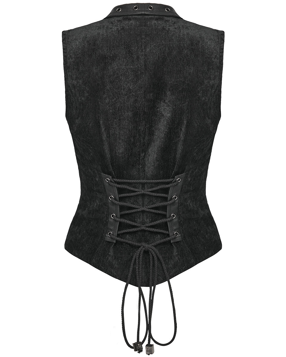 WY-1835MJF Womens Gothic Spliced Velvet & Faux Leather Asymmetric Waistcoat Vest