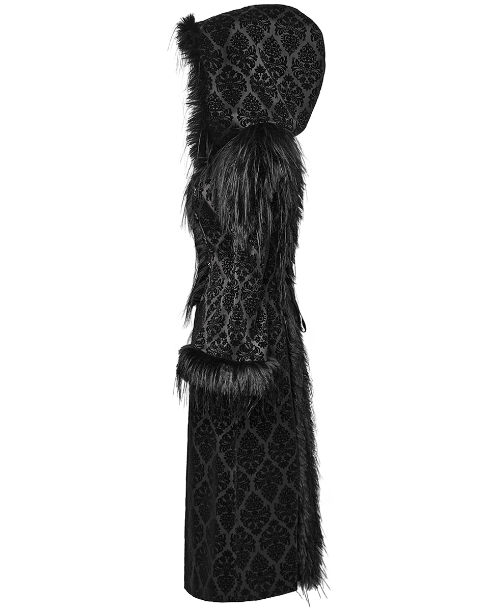 WY-1651LCF Womens Long Gothic Damask & Faux Fur Hooded Coat