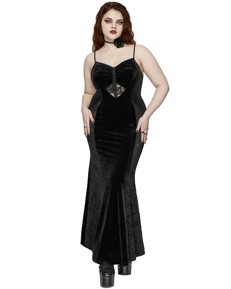 DQ-731LQF Plus Size Womens Gothic Velvet & Lace Dark Hearts Maxi Dress