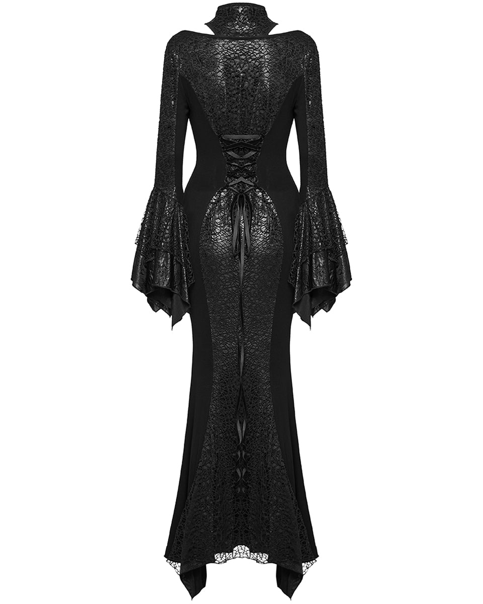 WQ-772LQF Womens Long Gothic Fitted Maxi Dress With Mesh Contrast - Black