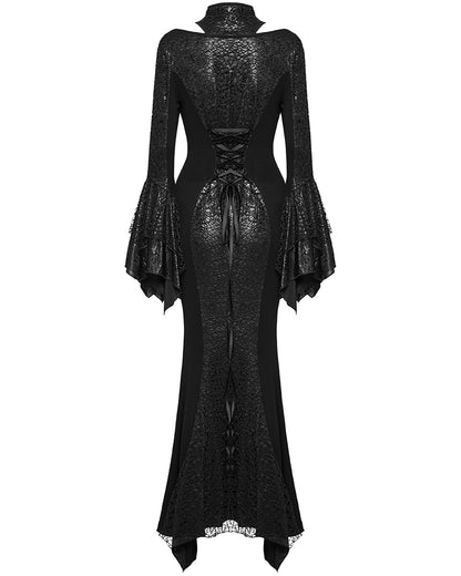 WQ-772LQF Womens Long Gothic Fitted Maxi Dress With Mesh Contrast - Black