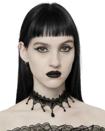 PR-S542-BKF Womens Coffin Stone Gothic Lace Choker Collar Necklace