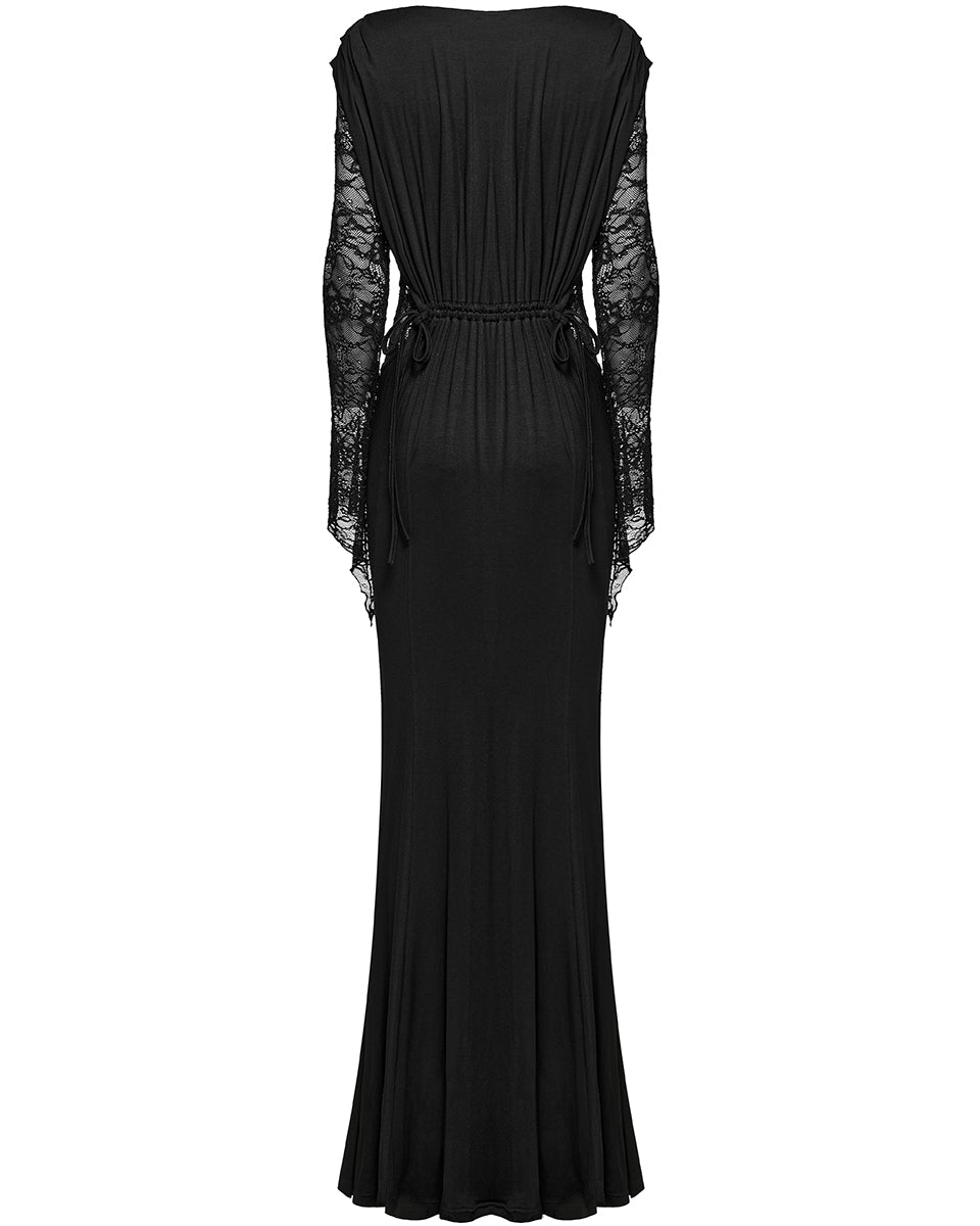 WQ-759LQF Womens Long Gothic Lace Sleeves Ruched Maxi Dress