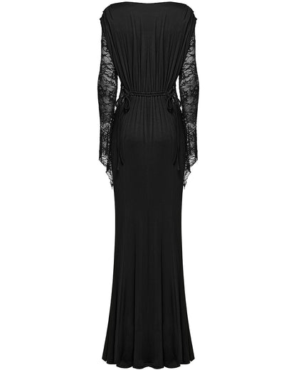 WQ-759LQF Womens Long Gothic Lace Sleeves Ruched Maxi Dress