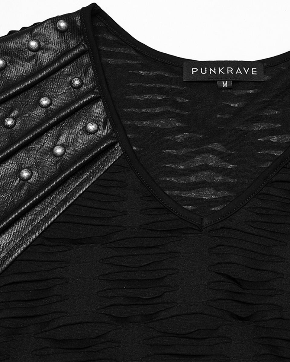 WT-1011TDM-BKM Mens Apocalyptic Gothic Shredded & Studded Broken Knit T Shirt Top