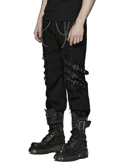 PR-K548-BKM Mens Apocalyptic Gothic Spliced Mesh & Chain Pants