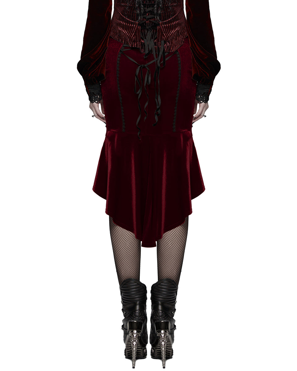 WQ-876BQF Womens Baroque Gothic Rose Embroidered Velvet Fishtail Skirt - Red & Black