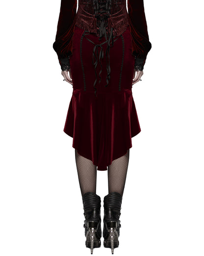 WQ-876BQF Womens Baroque Gothic Rose Embroidered Velvet Fishtail Skirt - Red & Black
