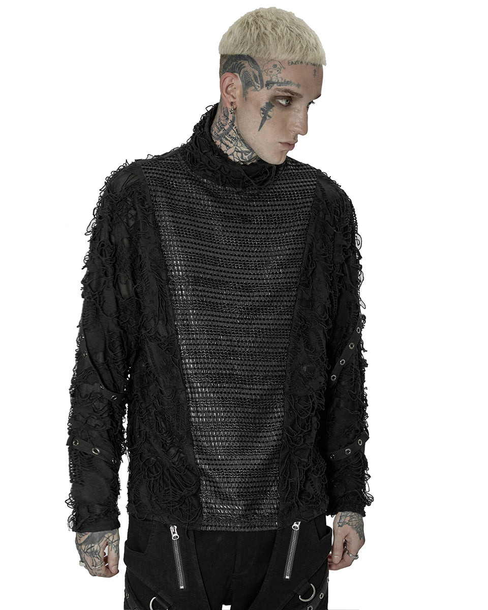 Punk Rave Mens Dystopian Cyberpunk Shredded Mesh Panelling Top