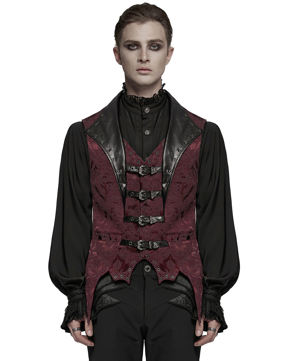 WY-1765MJM Mens Dark Victorian Gothic Damask Jacquard Waistcoat Vest - Red