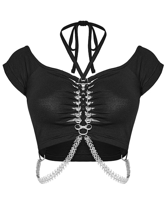 WT-852TDF Womens Gothic Punk Twisted Chain Link Cropped Tee