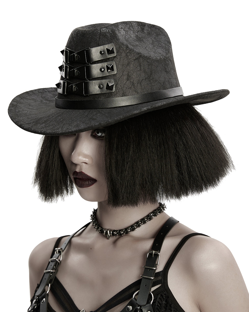 WS-859MZ Unisex Distressed Faux Leather Strapping Fedora Hat