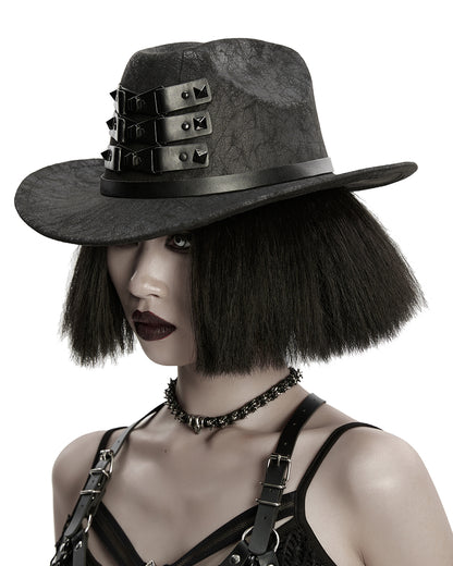 WS-859MZ Unisex Distressed Faux Leather Strapping Fedora Hat