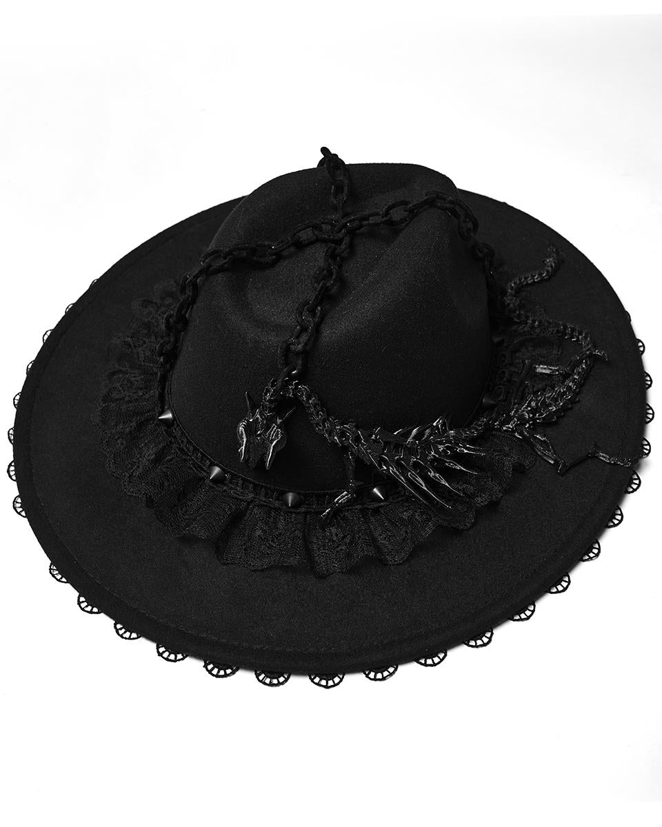 WS-821MZ Womens Gothic Dragon Spine Chained Wide Brim Hat
