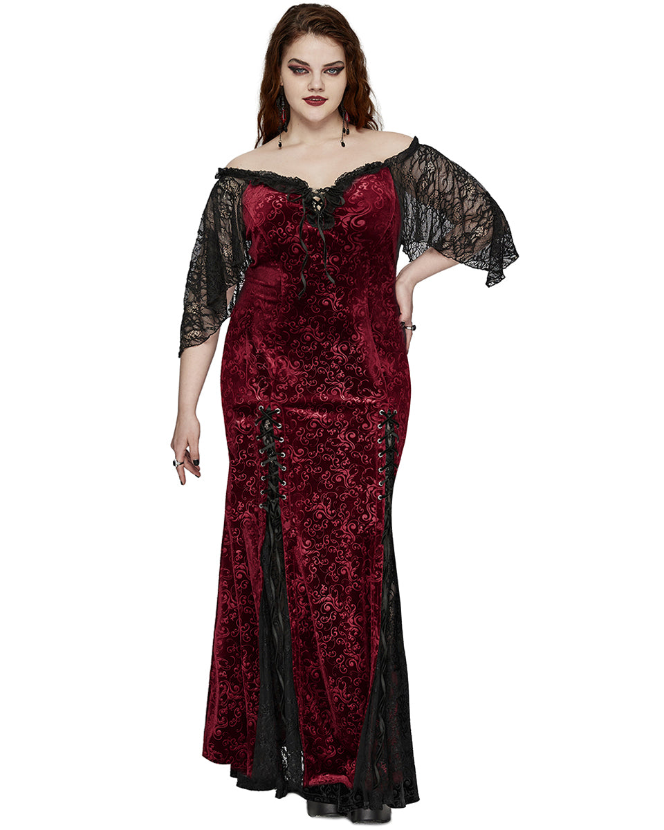 DQ-730LQF Plus Size Womens Gothic Embossed Velvet Off-Shoulder Maxi Dress - Red